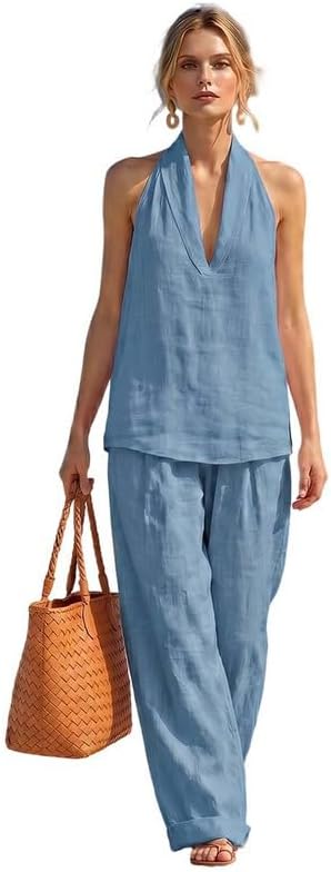 Women's Linen 2 Piece Sets Sleeveless V Neck Halter Top with Wide Leg Pants Casual Outfits Summer