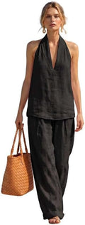 Women's Linen 2 Piece Sets Sleeveless V Neck Halter Top with Wide Leg Pants Casual Outfits Summer