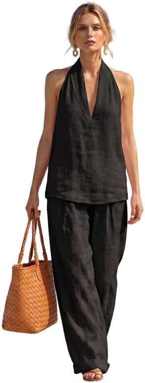 Women's Linen 2 Piece Sets Sleeveless V Neck Halter Top with Wide Leg Pants Casual Outfits Summer