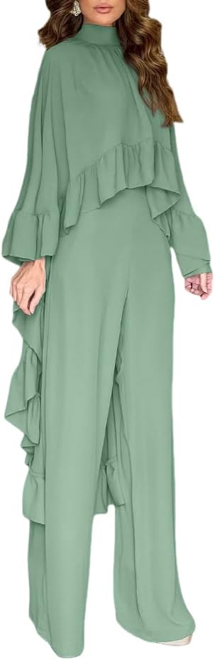 Outfits for Women High-Low Ruffles Hem Cape Top and Casual Wide Leg Pants Travel Matching Sets