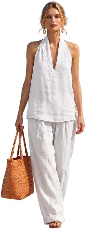 Women's Linen 2 Piece Sets Sleeveless V Neck Halter Top with Wide Leg Pants Casual Outfits Summer
