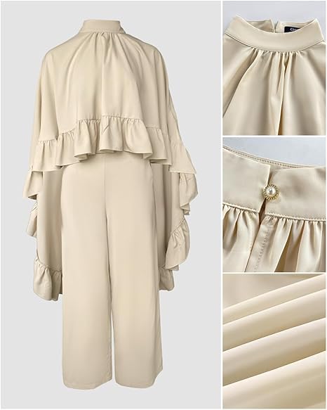 Outfits for Women High-Low Ruffles Hem Cape Top and Casual Wide Leg Pants Travel Matching Sets