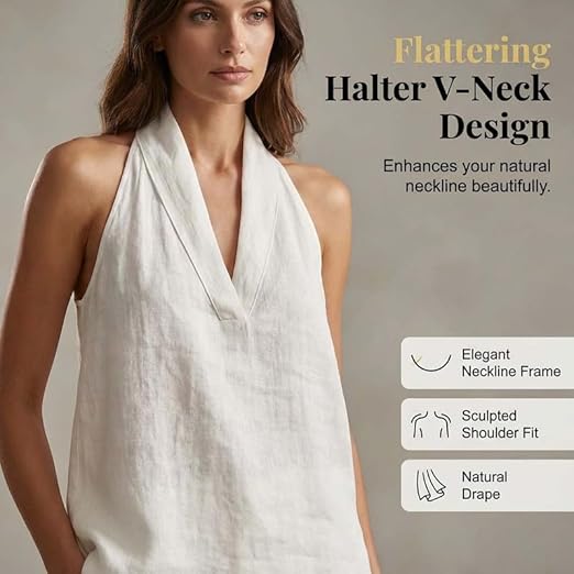 Women's Linen 2 Piece Sets Sleeveless V Neck Halter Top with Wide Leg Pants Casual Outfits Summer