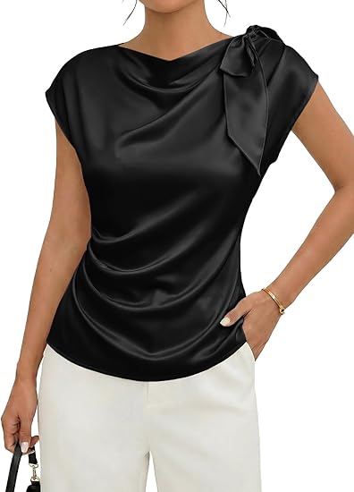 Women Dressy Casual Trendy Business Work Silk Tops Outfits Cowl Neck Bow Tie Pleated Summer Shirts