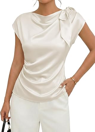 Women Dressy Casual Trendy Business Work Silk Tops Outfits Cowl Neck Bow Tie Pleated Summer Shirts