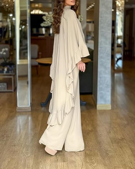 Outfits for Women High-Low Ruffles Hem Cape Top and Casual Wide Leg Pants Travel Matching Sets