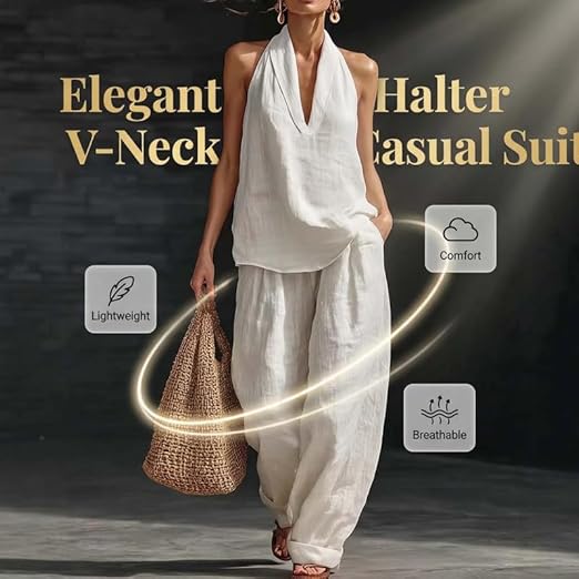 Women's Linen 2 Piece Sets Sleeveless V Neck Halter Top with Wide Leg Pants Casual Outfits Summer