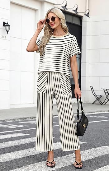 Women Cruise Travel Vacation Summer Outfits Lounge Matching Sets Women Clothing Wide Leg Pants Set